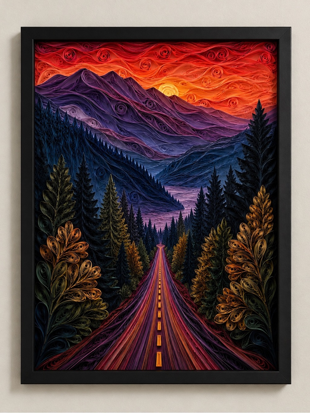8.5x11 Black Framed Quilling Mountain Landscape Wall Art Print